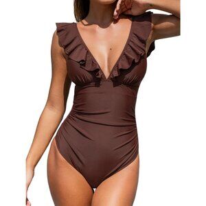 Women's Brown Ruffled One Piece Swimsuit V Neck Lace Up